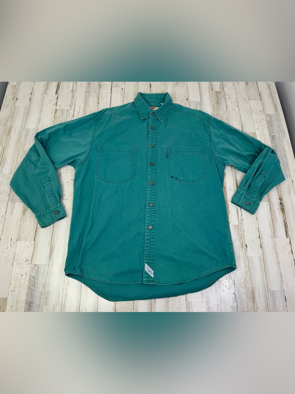 Vintage 94 Levi's Denim Shirt Mens M Green Long Sleeve Metal Button 2 Pocket